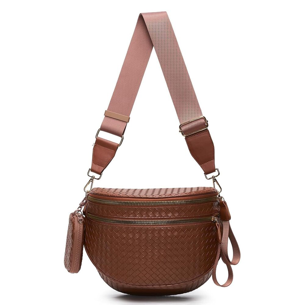 Woven Bum Bags for Women Vegan Leather Crossbody Bag with Coin Purse, Trendy
